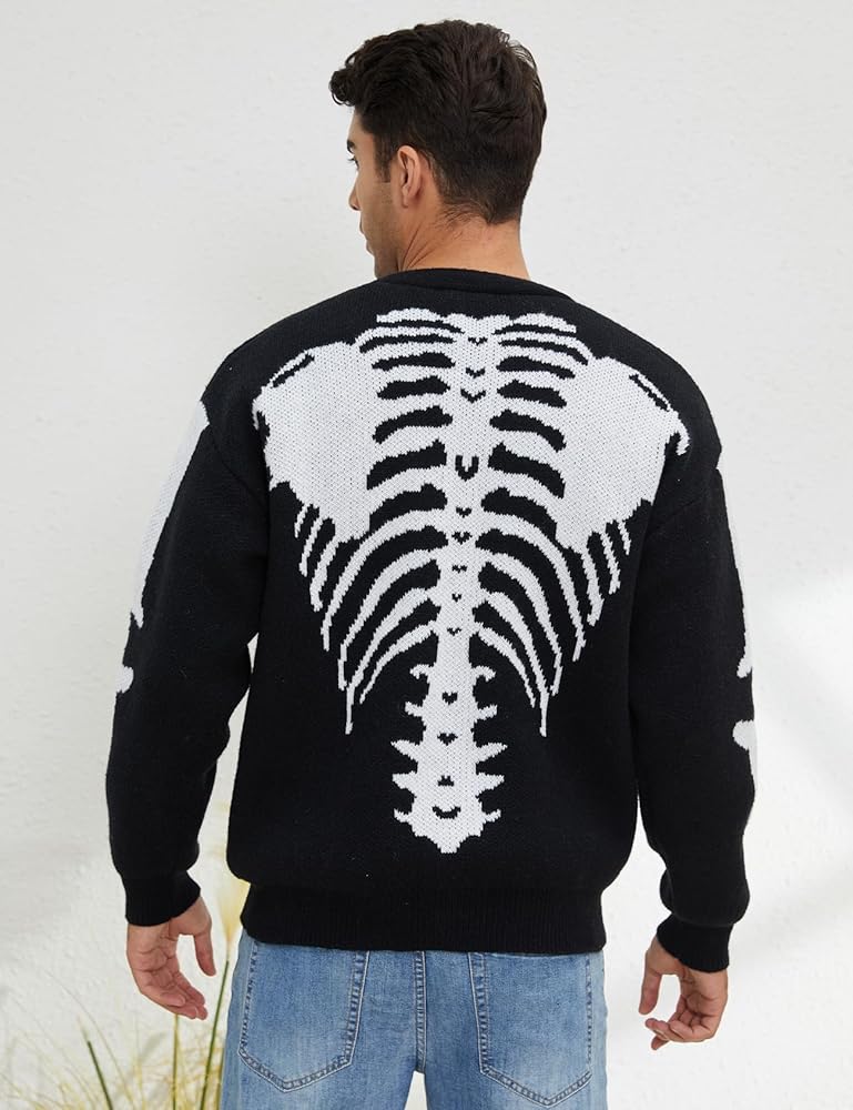 Wyeysyt Men's Skeleton Print Cardigan Sweaters Long Sleeve